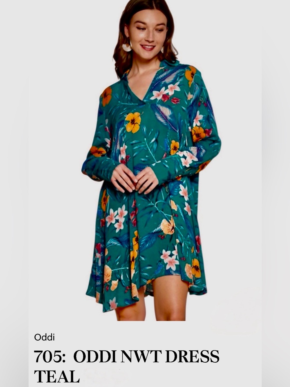 Oddi NWT Teal Floral V-Neck Long Sleeve Mini Dress size Medium